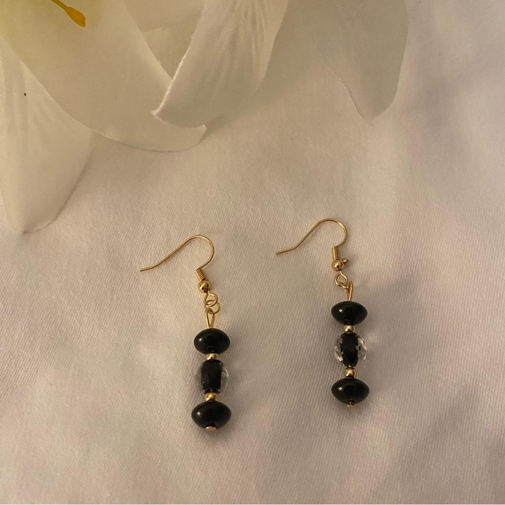 18K Gold Plate Dangle Earrings with black beads